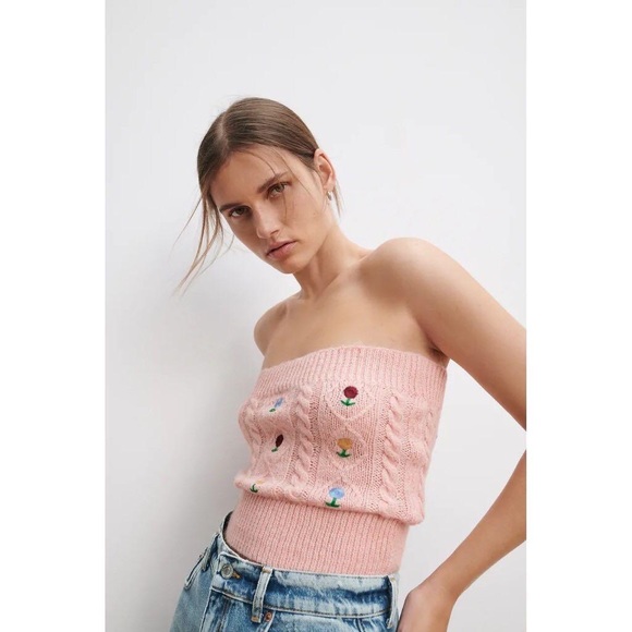 Zara | Tops | Zara Womens Off Shoulder Pointelle Knit Top Floral Pink |  Poshmark